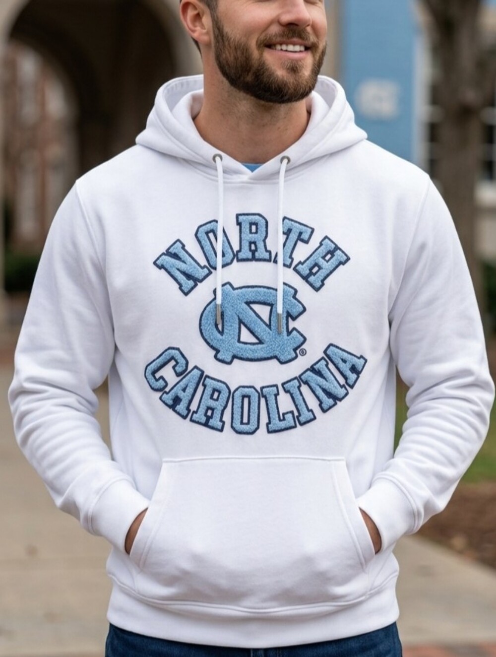 North Carolina White Hoodie with Light Blue Logo